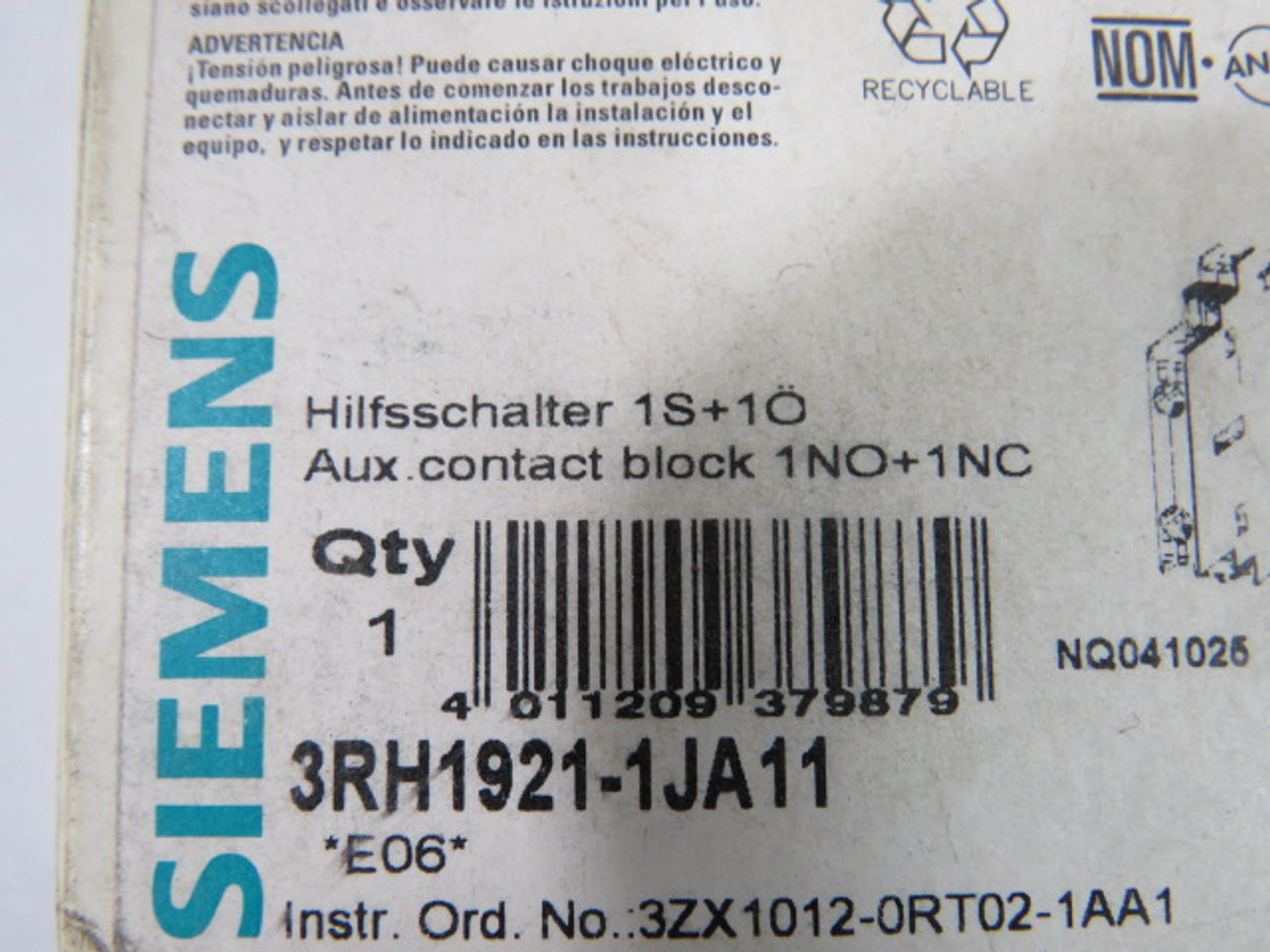 Siemens 3RH1921-1JA11 Second Lateral Auxiliary Switch 1NO+1NC 10A 500V ! NEW !