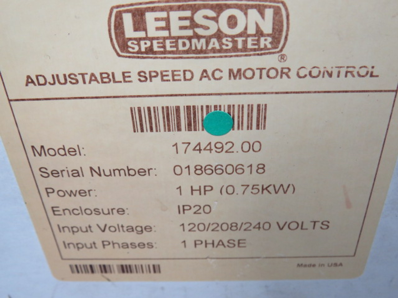 Leeson AC Inverter Drive 1-1-1/2HP Input 16.6/8.3A 1Ph 48-62Hz ! NEW !