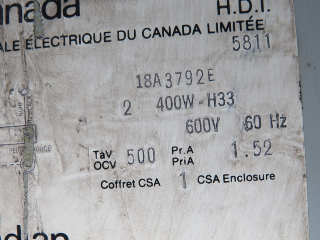 General Electric 18A3792E Enclosed H.I.D. Ballast 600V 1.52A 60HZ USED