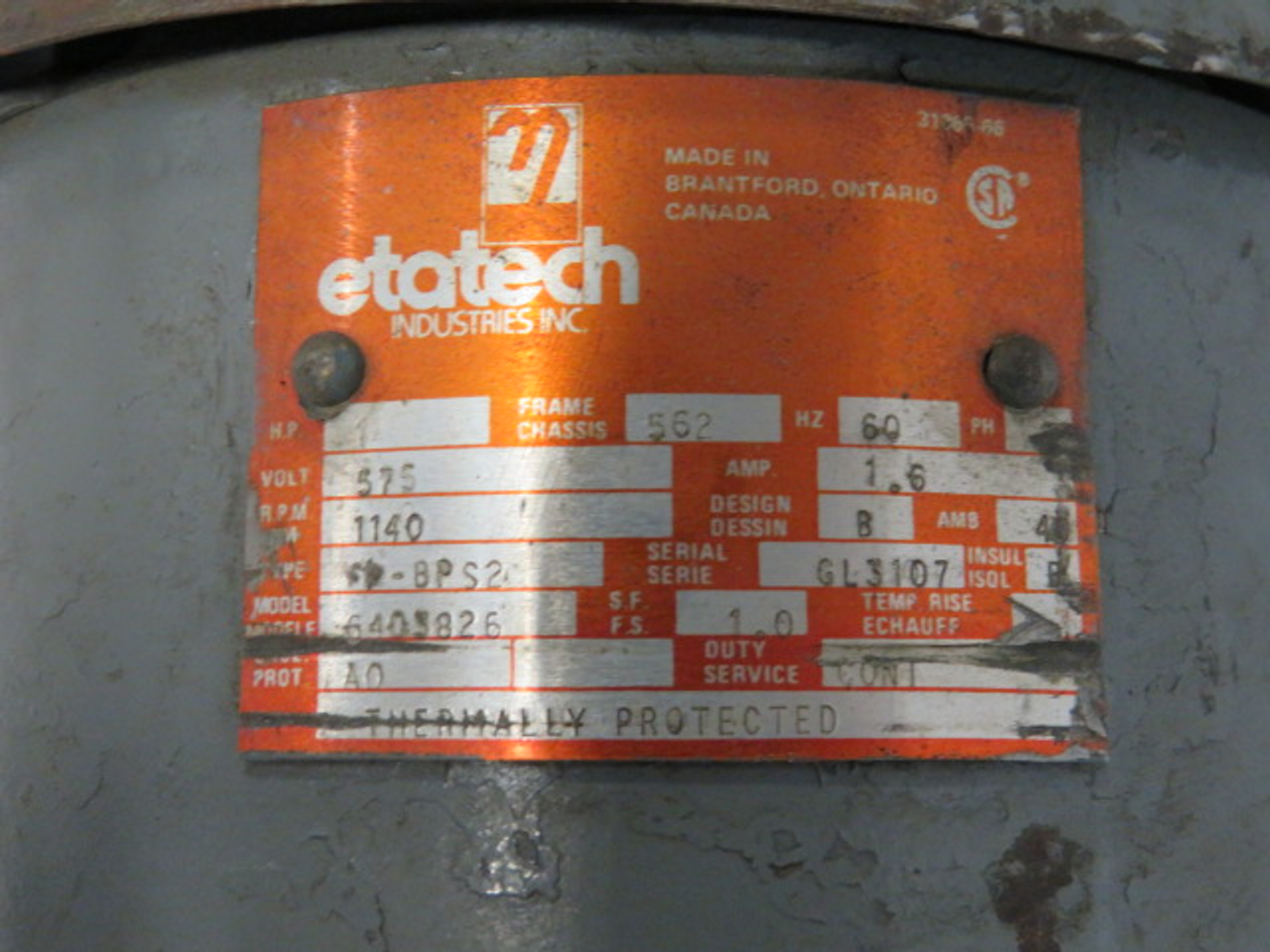 Etatech 1HP 1140RPM  575V 562 AO 1.6A 60Hz USED