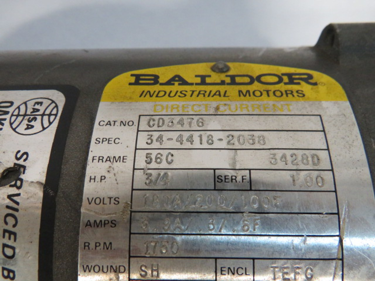 Baldor 3/4HP 1750RPM 180/200/100V 56C TEFC 3.9/.3/.6A USED