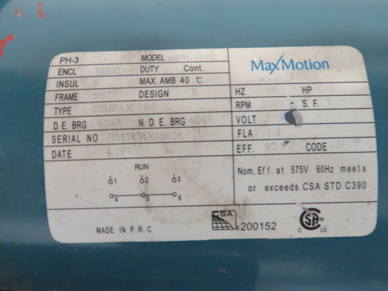 Max Motion 1HP 1760RPM 575V 56C TEFC 3Ph 1.4A 60Hz USED