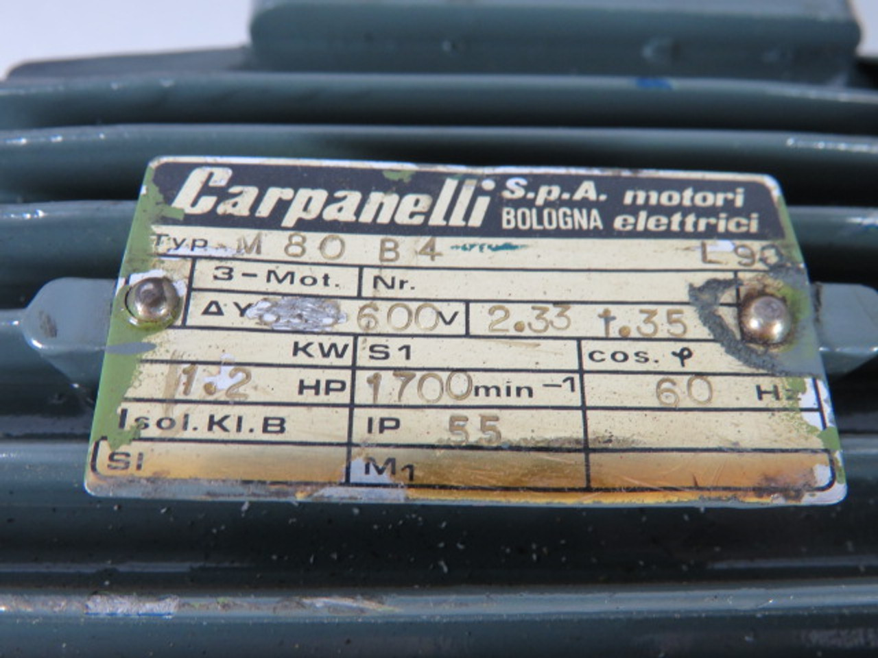 Carpanelli M80B4 Motor 1.2HP 1700RPM 600V TEFC 3Ph 0.35A 60Hz USED