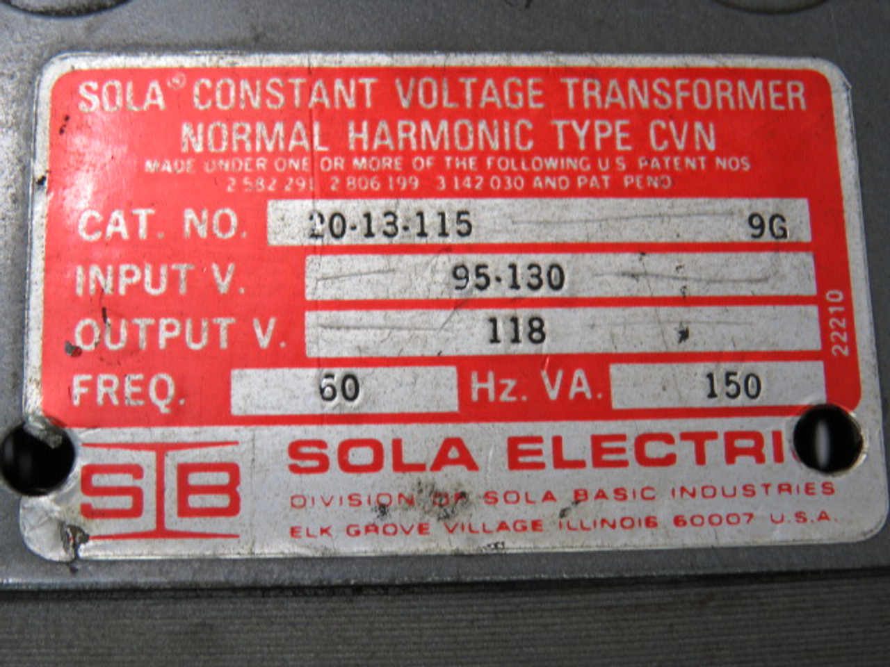 Sola 20-13-115 Transformer 150VA Pri 95-103V Sec 118V 60Hz USED