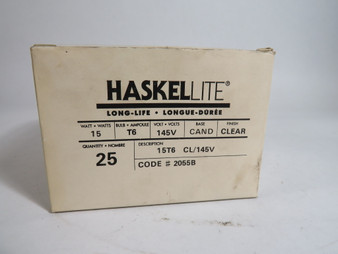 Haskellite 2055B Long Life T6 Clear Bulb 15 Watts 145V 25-Pk BLUE BOX ! NEW !