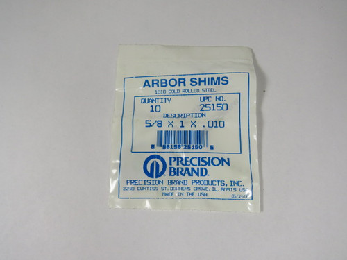Precision Brand 25150 Arbor Shims 5/8X1X.010 Pack of 10 ! NWB !