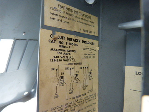 Square D E-100-NS Enclosed Circuit Breaker 100A 240VAC Series 2 USED