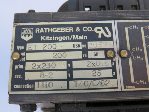 Rathgerber ET200-8052 Transformer 200VA Pri 2x230V 2x0.5A Sec 8-2V 25A USED