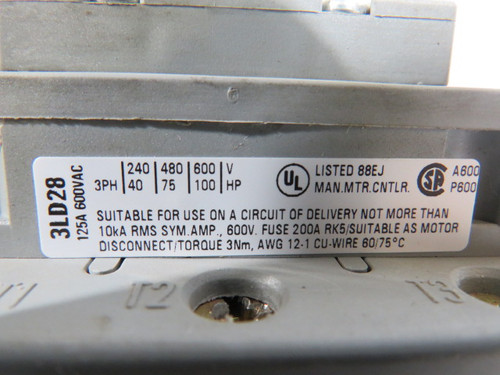 Siemens 3LD2814-OTK53 Disconnect Switch 125A 600VAC 50/60Hz USED
