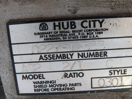 Hub City 0221-12533 C-Style Worm Gear Reducer AD2 Model 2:1 Ratio USED