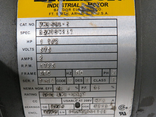 Baldor 1-1/2HP 1725rpm 575V 56C TEFC 3Ph 2A 60Hz C/W Reducer 30:1 Ratio USED