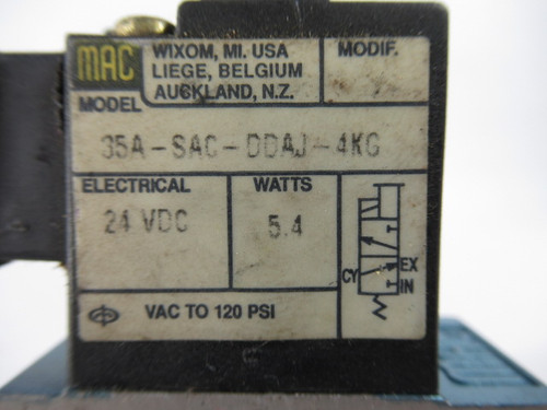 MAC Valves 35A-SAC-DDAJ-4KG Solenoid Valve 24VDC 5.4W 0-120psi 1/8" NPTF USED