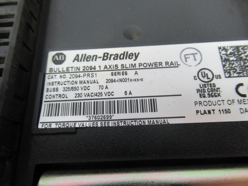 Allen-Bradley 2094-PRS1 Series A Axis Slim Power Rail 70A@325/650VDC USED