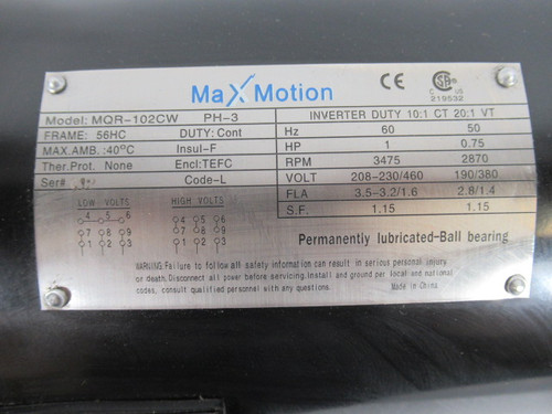MaxMotion 1HP 3475rpm 208-230/460V 56HC TEFC 3Ph 3.5-3.2/1.6A 60Hz ! NOP !