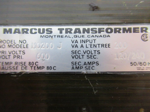Marcus MO200J Transformer 200VA Pri 600V Sec 120/240V 50/60Hz 1Ph USED