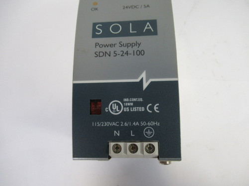 Sola SDN-5-24-100 Power Supply w/Indicator Output: 24VDC/5A USED