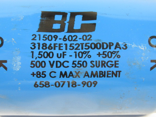 BC 21509-602-02 Capacitor 1500uF 500VDC 550 Surge -10% +50% USED