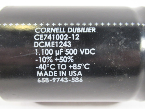 Cornell Dubilier CE741002-12 Capacitor 1100uF 500VDC -10% +50% USED