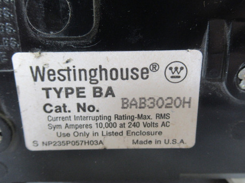 Westinghouse BAB3020H Circuit Breaker 20A 240VAC 3P *Crack to Case* USED