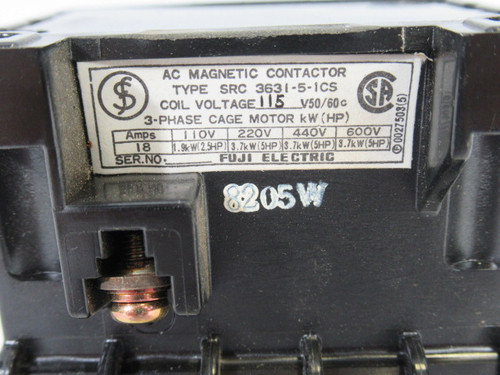 Fuji SRC-363I-5-1C5 AC Magnetic Contactor 115V 50/60Hz 5HP@600V USED