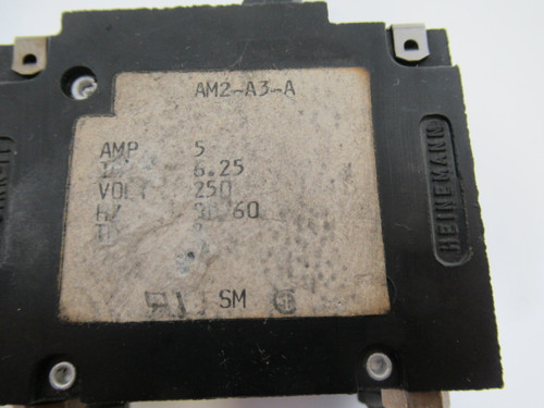 Heinemann AM2-A3-A-5 Circuit Breaker 5A 250V 50/60Hz 2 Pole 6.25 Trip USED