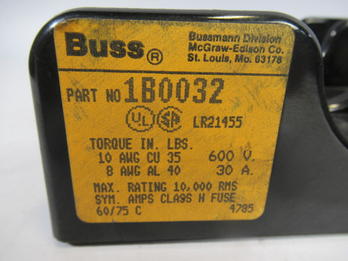 Bussmann 1B0032 Fuse Block 30A 600V 3 Pole USED