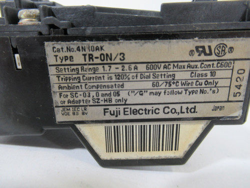 Fuji TR13DW-N TR-0N/3 Thermal Overload Relay 1.7-2.6A USED