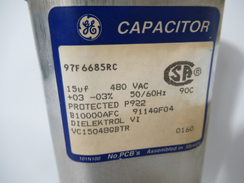 General Electric 97F6685RC Capacitor 15uf +03-03% 480VAC@50/60Hz USED