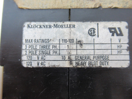 Klockner-Moeller DIL08-62-s-CNA Control Relay 110-120V 10A Coil 24V 60Hz USED