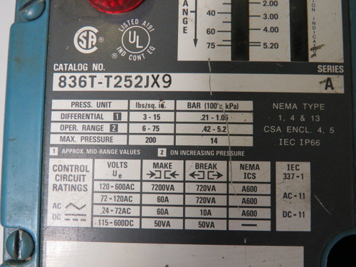 Allen-Bradley 836T-T252JX9 Pressure Control Series A USED