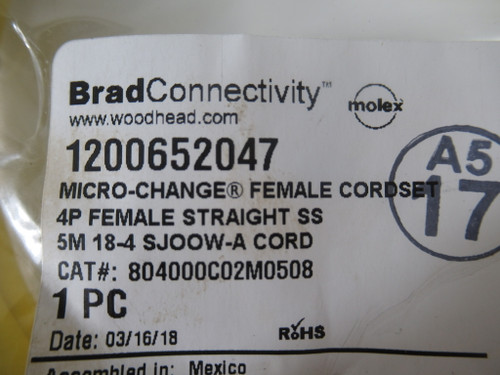 Brad Harrison 1200652047 Micro-Change Female Cordset 4P 4A250V 5m ! NWB !