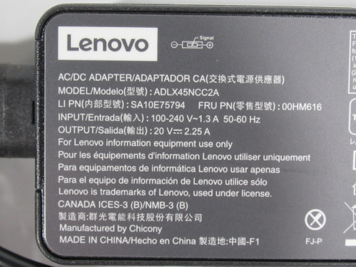 Lenovo ADLX45NCC2A Slim Tip AC/DC Adapter Input: 100-240AC 1.3A 50/60Hz USED