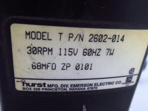 Hurst 2602-014 Model T Geared Synchronous Motor 64oz-in@175 psi 30rpm USED