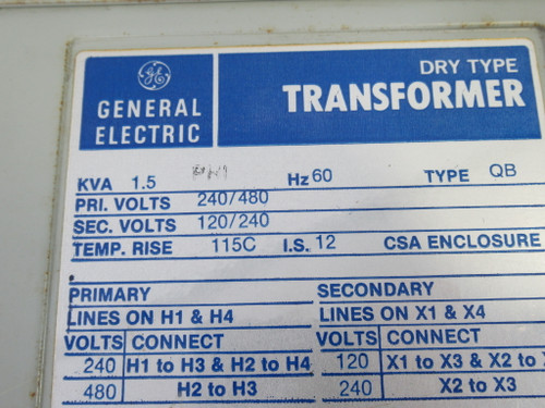 General Electric 9T51B11 Type QB Transformer 1.5kVA Pri.240/480V ! WOW !