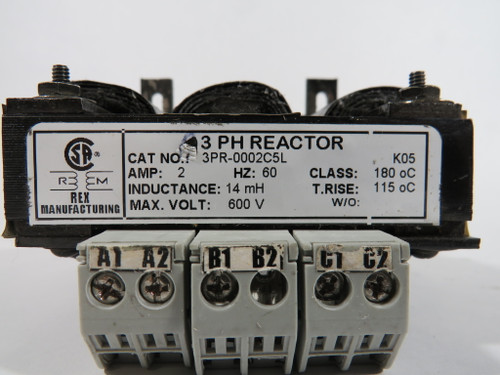 Rex Manufacturing 3PR-0002C5L 3 PH Reactor 2A 14mH 600V Class 180oC USED