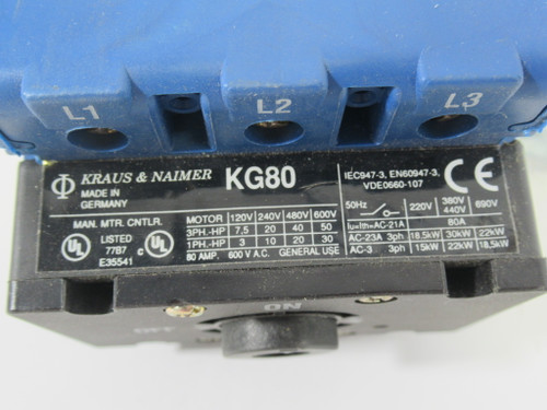 Kraus & Naimer KG80 Disconnect Switch 10A@600VAC 3P *No Handle & Shaft* ! NOP !