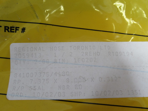 Regional Hose 841007375/4180 NBR Seal 8"OD 7.375"ID .312"W 2-Pack ! NWB !