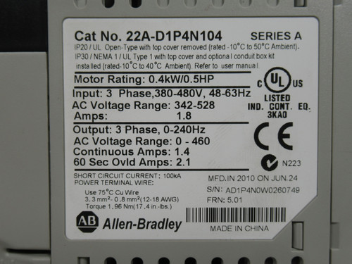 Allen-Bradley 22A-D1P4N104 Ser. A Adj. Frequency Drive .5HP 3Ph FRN.5.01 USED