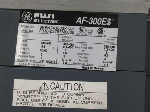 Fuji Electric 6KEN243003X1A1 AC Drive 3HP 380-460V 5.5A 0.2-400Hz USED