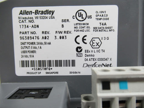 Allen-Bradley 1734-ADN Ethernet Adapter Module 24VDC F/W Rev. 3.003 USED