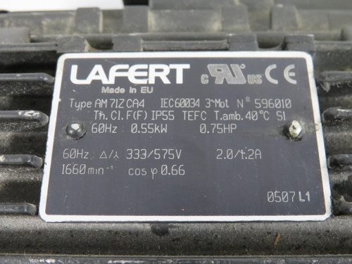 Lafert 0.75HPo.55kW 1660RPM 333/575V 71Z TEFC 3Ph 2.0/1.2A 60Hz USED