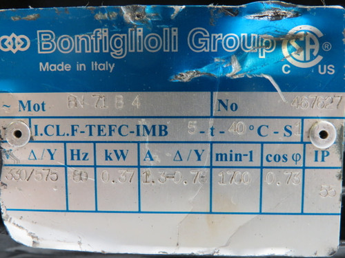 Bonfiglioli 0.37kW 1700RPM 330/575V 71B TEFC 1.3-0.76A 60Hz USED