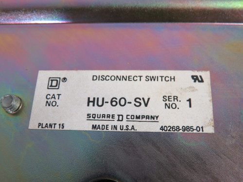 Square D HU-60-SV Disconnect Switch Series 1 60A 600V AC/DC USED