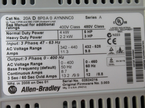 Allen-Bradley 20AD8P0A0AYNNC0 Ser. A PowerFlex 70 Drive 5/3HP F/W 3.003 USED