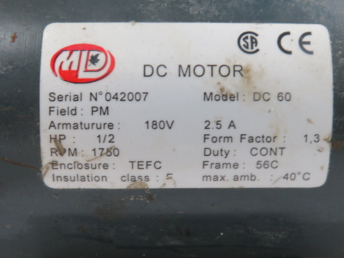 MLD DC Motor 1/2HP 1750RPM 180V 56C TEFC 2.5A USED