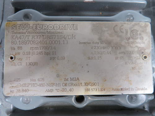 Sew-Eurodrive 0.245HP 1700/3.4RPM 230/460V C/W Gear Reducer 495:1 Ratio USED