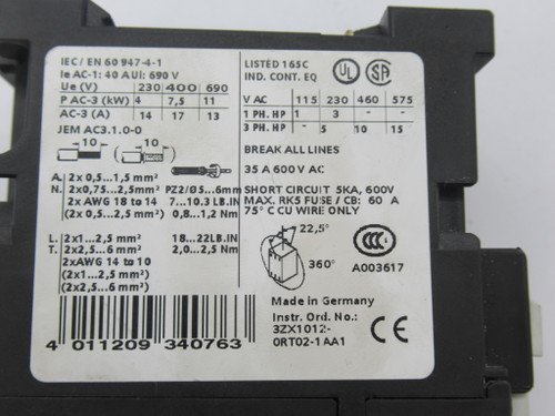 Siemens 3RT1025-1AK60 Contactor 110/120V 50/60Hz USED