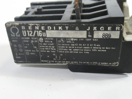 Benedikt & Jager U12/16U-1.2A Overload Relay 0.8-1.2A 660V USED