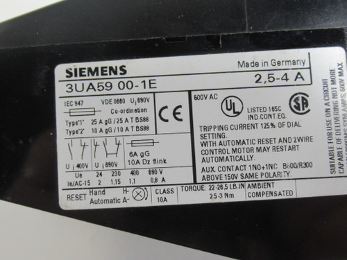 Siemens 3UA59-00-1E Overload Relay 2.5-4A 1NO 1NC 3P 600V USED