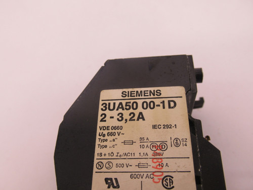 Siemens 3UA5000-1D Overload Relay 2-3.2A 600VAC USED